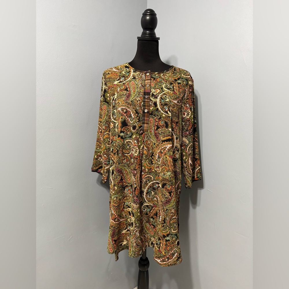 FIG AND FLOWER Anthropologie Paisley Plaid Hi-Lo 3/4‎ Sleeve Tunic Women’s Large